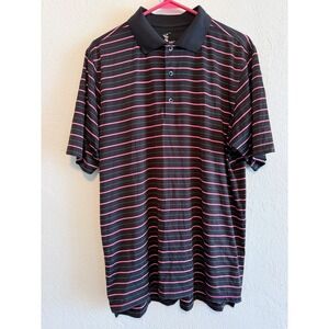 F&G Tech Mens Large Polo Shirt Black Pink Striped Short Sleeve Golf Performance